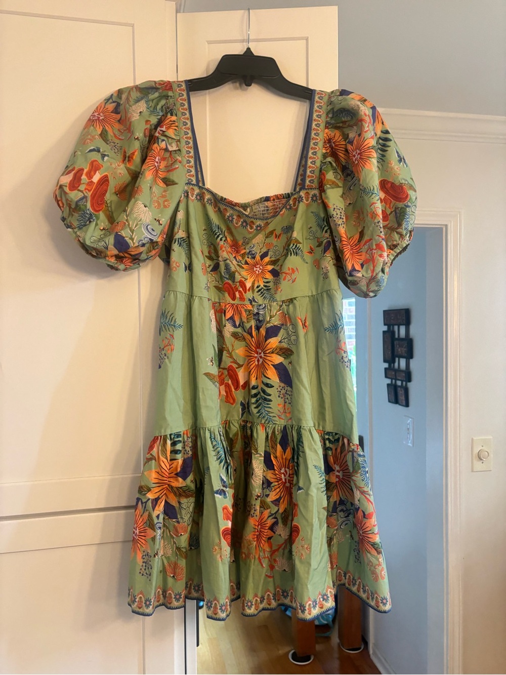 Farm Rio green bright yard mini cotton puff sleeve dress - Picture 3 of 6